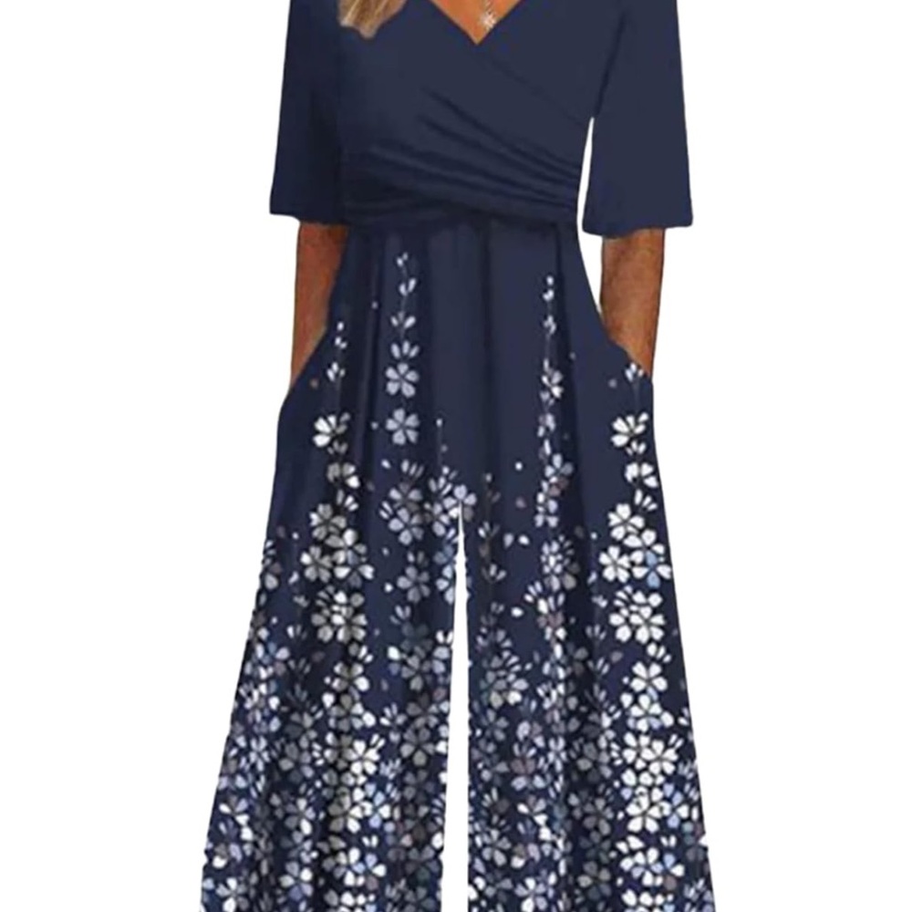 Elegant Navy Floral Capri Jumpsuit